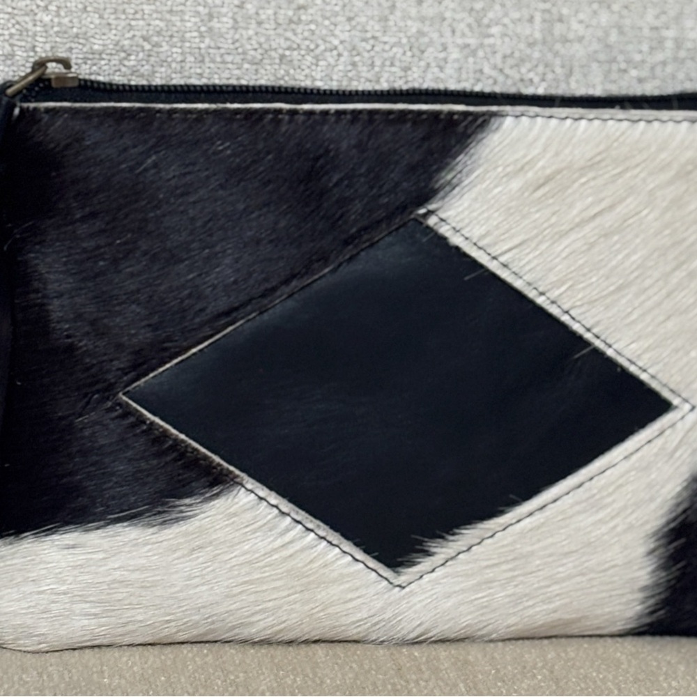 Cowhide Leather Wristlet Clutch | Black & White | Tassel Zip - Picture 5 of 6